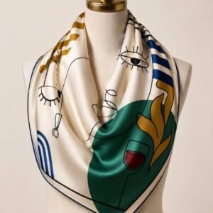 Silk Scarf (Artistic cream and Green) 90*90cm