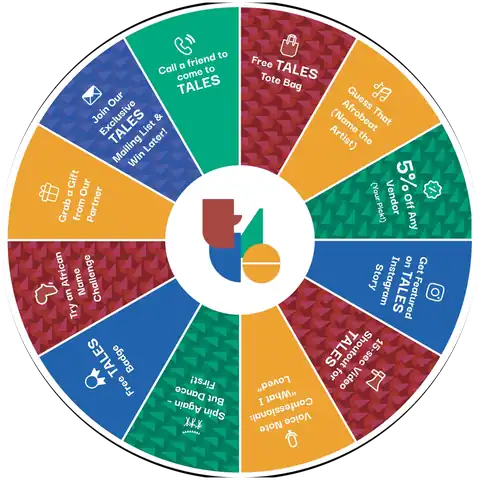 The TALES prize wheel: free TALES tote bag, 5% off any vendor, Instagram story feature, free TALES badge, a gift from our partner and fun challenges